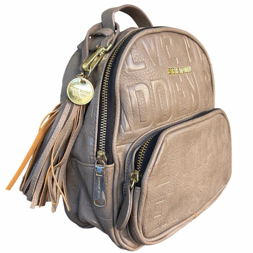 Steve Madden Mini Backpack LOGO Tassel Charm Vegan Leather Y2K Greige Taupe - Picture 7 of 13